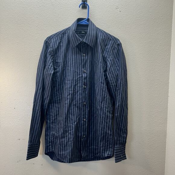 Hugo Boss Career Button Up Dress Shirt Blue Pinstripe 15.5 34/35 Collared - Picture 1 of 4